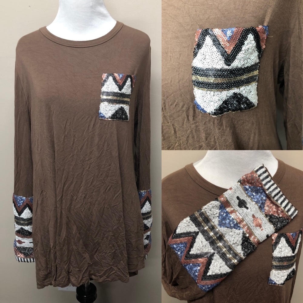 JODIFL Sequin Long Sleeve Brown Blouse Size Large - Picture 1 of 8